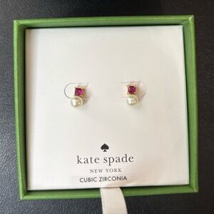 NEW Kate Spade NY Mini Faux Pearl & Deep Magenta Cubic Zirconia Stud Earrings